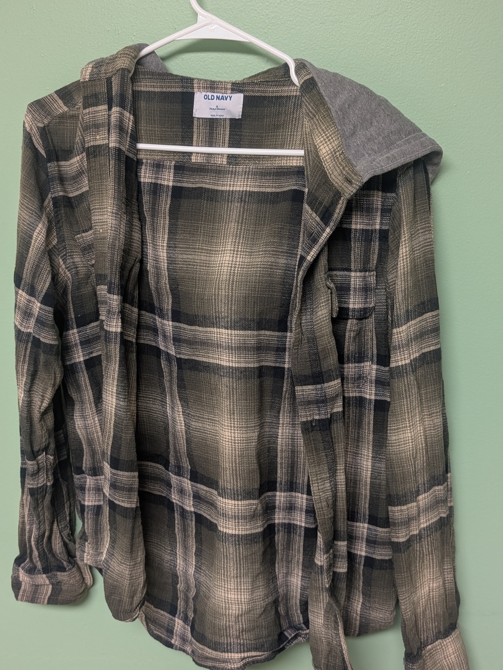 Old Navy Men’s Olive Plaid Hooded Flannel Shirt